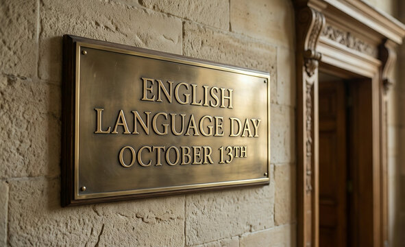 English Language Day October 13th Brass Plaque on Stone Wall