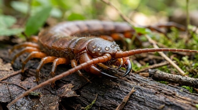 Macro close-up of a large centipede on forest floor