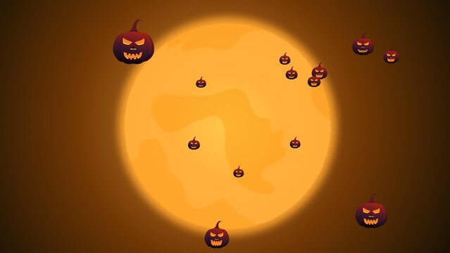 Halloween-themed background illustration, illustration of flying pumpkins with a glowing moon background