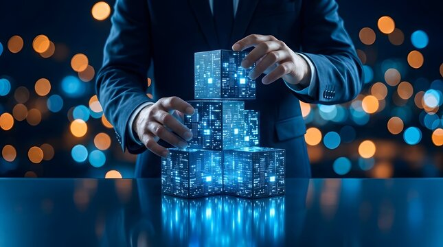 Businessman stacking glowing digital cubes representing data blocks building a structure with futuristic technology and bokeh lights
