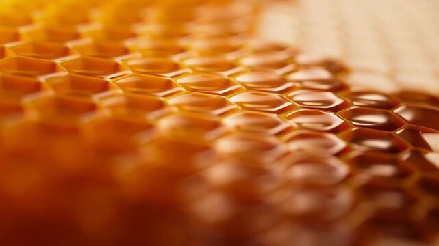 Honeycomb cells showing hexagonal texture across a warm golden surface in closeup