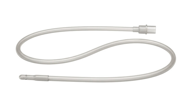 Medical suction catheter with connector, sterile flexible plastic tubing for respiratory care, clinical suctioning tube on white background