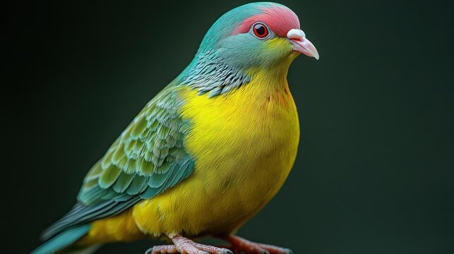 A vibrant Rose-crowned Fruit Dove perched against a dark background.