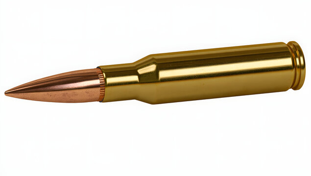 A golden brass bullet casing with a copper projectile, set against a clear backdrop