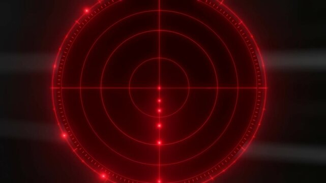 Red radar target display with concentric circles and glowing points on dark background