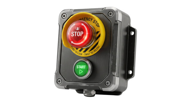 Industrial emergency stop button and green start switch, heavy duty safety control panel, red mushroom kill switch for machinery on white background