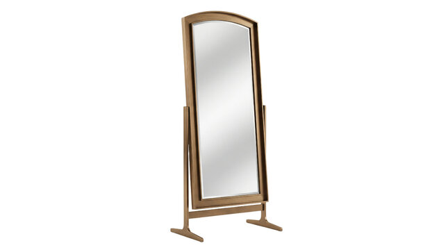Vintage wooden floor mirror with arched frame, classic full length cheval mirror on stand, antique style dressing room furniture isolated on white