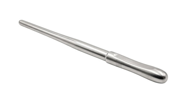 Professional steel ring mandrel for jewelry making, polished metal ring sizer tool, jeweler equipment for sizing and shaping rings on white background