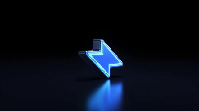 Blue glowing directional arrow stands on reflective dark surface in dark setting
