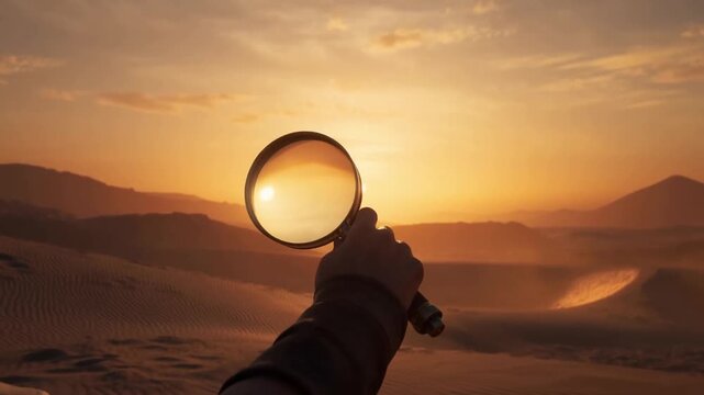 Hand Holds Spyglass Over Desert Dunes as Sun Sets Across Mountain Horizon