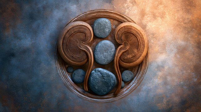 Two kidney-shaped mushrooms with smooth stones arranged on a textured rustic surface. Conceptual art representing kidney health and organ wellness.