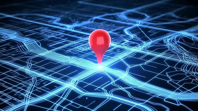 Red location pin marks a point on glowing digital map with navigation routes