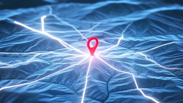 Red Location Pin Marking a Route on a Glowing Blue Digital Map