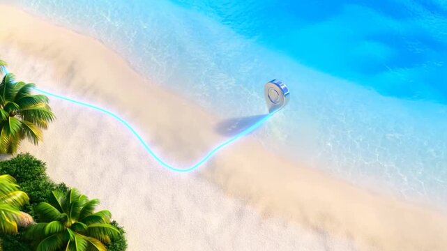 Map pin on sandy beach beside turquoise water with glowing blue path