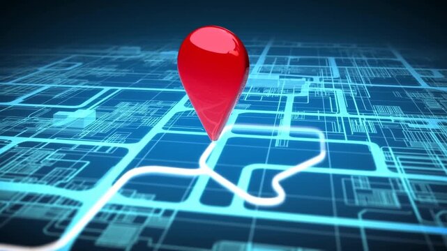 Blue circuit board blueprint with red downward arrow in abstract technology setting
