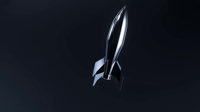 Silver rocket standing upright against a dark background in futuristic design