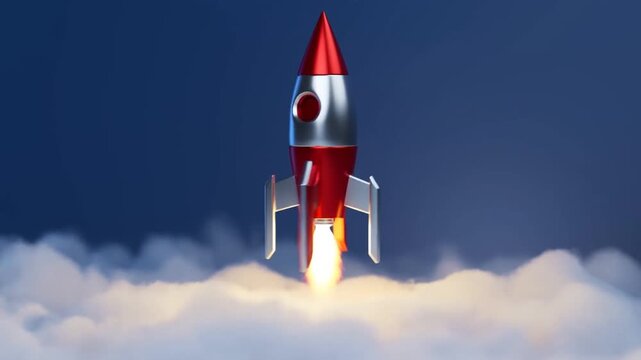 Red and silver rocket above clouds with bright engine glow in blue sky