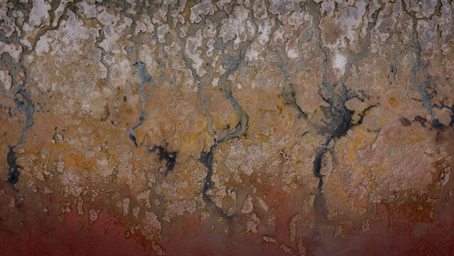 Aerial view of Hutt Lagoon Pink Lake showing vibrant pink and orange salt crust patterns with intricate dark mineral veins in Yallabatharra, Western Australia, Australia.