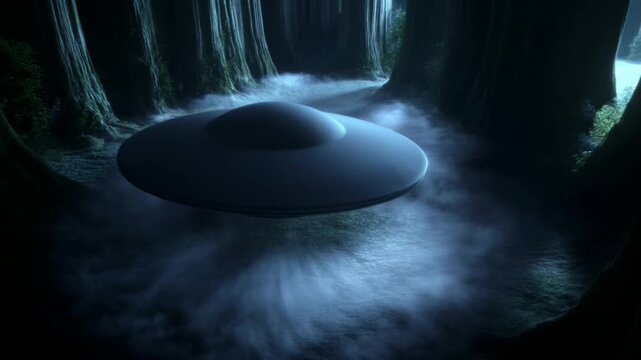 Flying saucer resting in misty forest clearing beneath towering trees