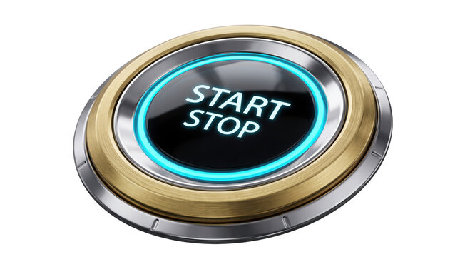 Modern engine start stop button with blue neon light, luxury car ignition switch in gold and chrome metal, automotive technology concept