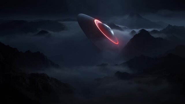 UFO saucer hovering over misty mountain valley beneath dark clouds at night