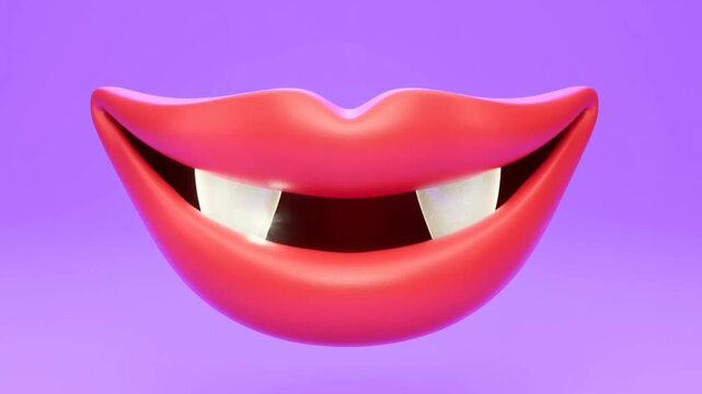 Glossy red smiling lips against a purple background in closeup view