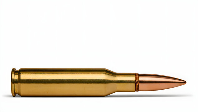 A transparent background displays the golden brass bullet casing, which contains a copper projectile