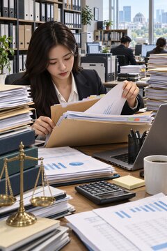 Woman's Hand Organizing Documents and Files on an Office Desk, Highlighting Paperwork Management and Financial Administration.