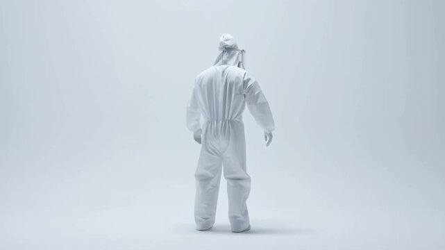 Person in white protective suit standing still in bright sterile room side view