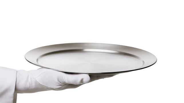 Isolated elegant gloved hand of a professional server holding a shiny empty silver metal serving tray