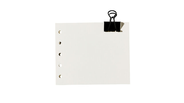 Isolated clean blank white paper sheet with five punched holes held by a black binder clip