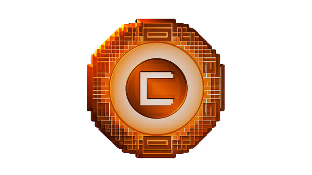 Isolated futuristic pixelated emblem featuring a shiny orange letter C with numeric code.