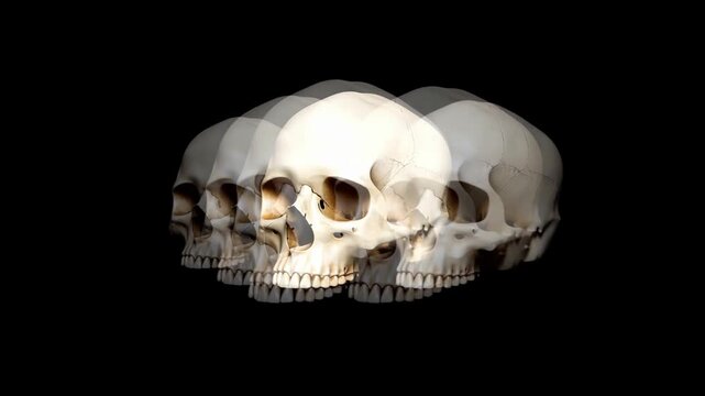 Human skulls arranged in darkness with a brightly lit central skull and shadowed forms