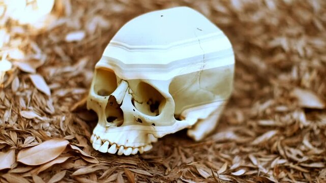 Human skull resting among dry leaves in a forest floor closeup