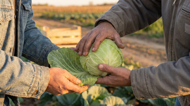 Two farmers holding a fresh green cabbage in a field during harvest time