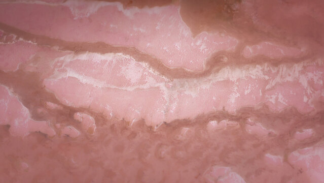 Aerial view of the vibrant pink and brown abstract patterns of Hutt Lagoon in Yallabatharra, Western Australia, Australia.