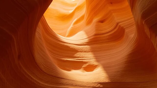 Sunlit orange sandstone canyon with sweeping curved rock layers and narrow opening