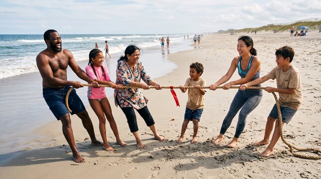 Diverse multi-generational family enjoys a fun tug of war game on a sunny beach vacation