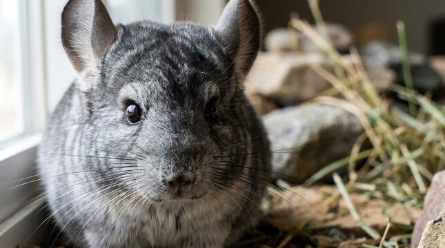 Close-up portrait of a fluffy grey chinchilla pet sitting near a window with hay