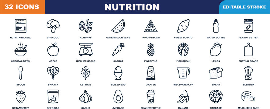 Nutrition vector icon set with editable stroke depicting healthy food fresh fruits vegetables and diet planning elements