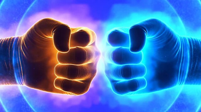 Clenched fists facing each other in glowing blue and orange abstract light
