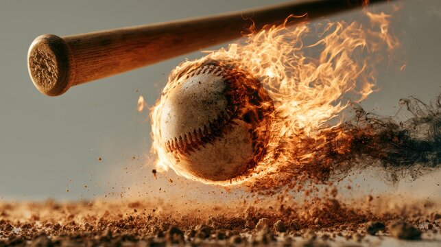 Closeup Baseball Flying with blue particle flames,Baseball ball speed fast magic effect in blue flames,Baseball player hitting ball with bat,home run,stadium,grandstand,sport day,space for text.