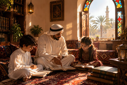 Children Reciting Morning Lessons With Father Before School