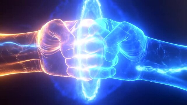 Glowing orange and blue fists move together for a fist bump on dark background