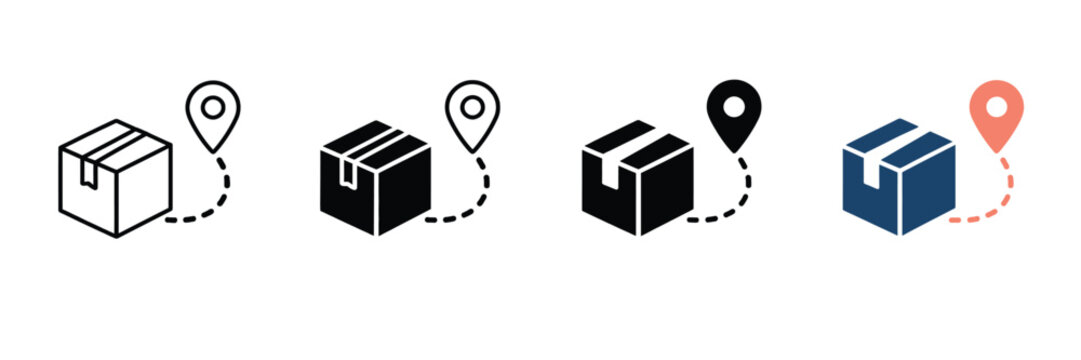 Logistics delivery tracking icons, parcel shipping box with location pin map pointer, 4 vector assets for order status and transportation