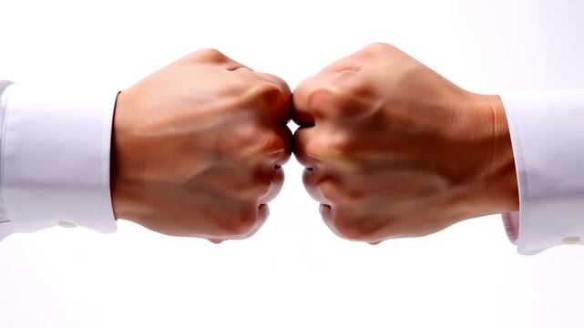Two clenched fists face each other against a white background in close view