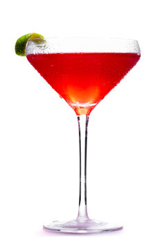 Cosmopolitan Cocktail served in a chilled coupe glass isolated on a white background.
