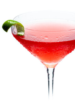 Cosmopolitan Cocktail served in a chilled coupe glass isolated on a white background.