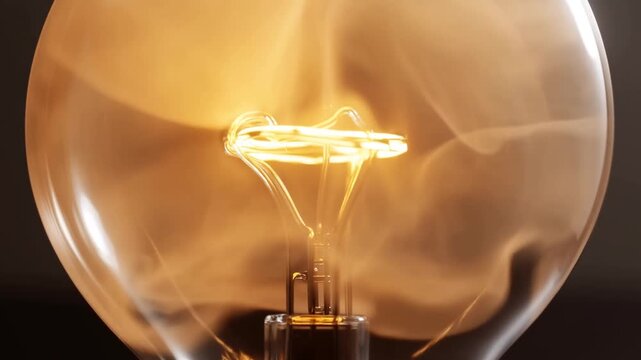 Glowing incandescent light bulb filament inside glass bulb against dark background
