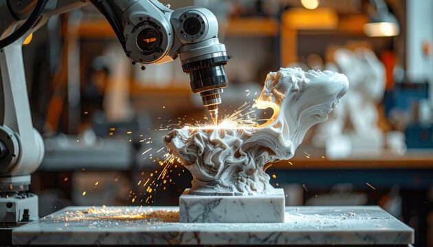 Robot arm carving white marble sculpture.